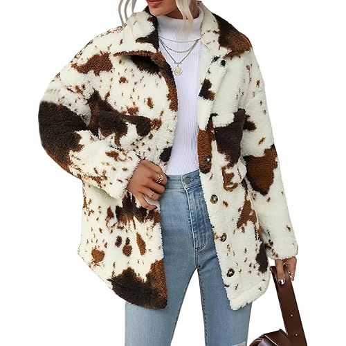 HBER Women's Casual Faux Fur Jacket Trendy Long Sleeve Button Up Cow Print Autumn Winter Loose Sherpa Fur Coats with Pockets