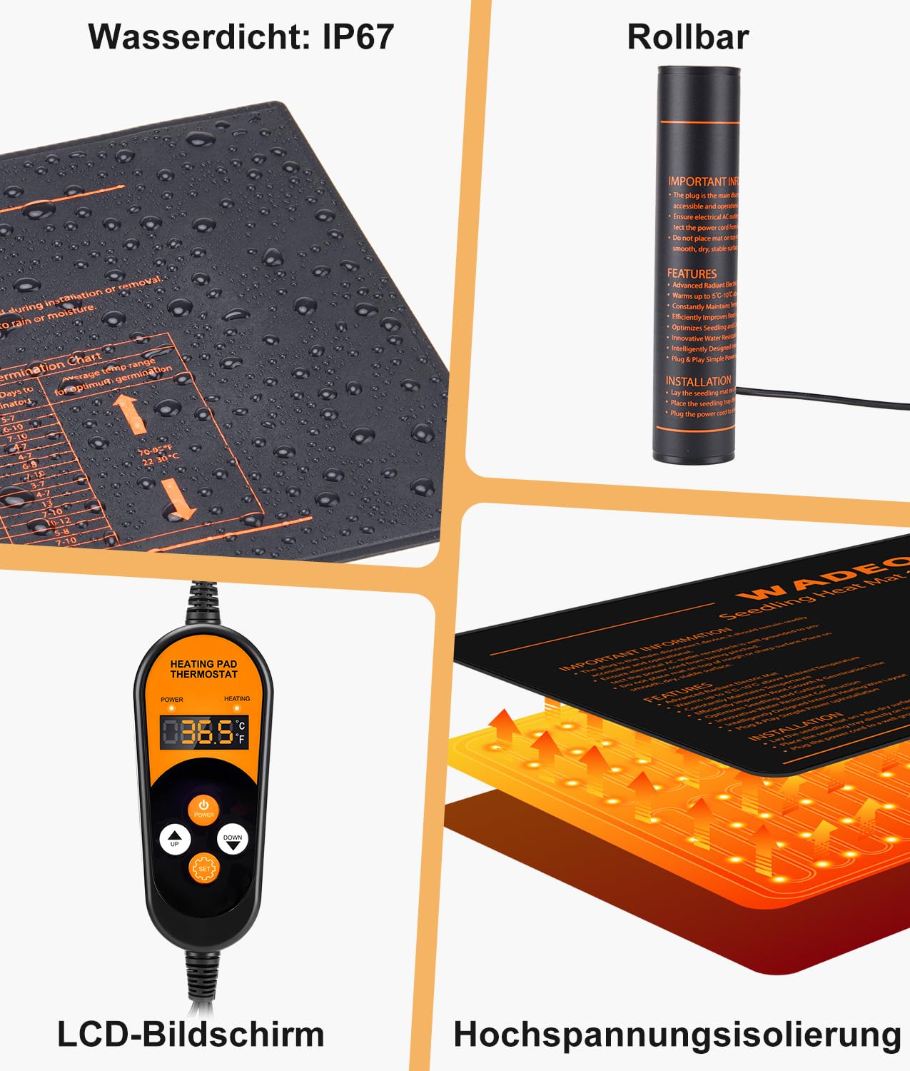 WADEO Heizmatte für Pflanzen 53 x 25 cm, 50 W Sämlinge Heizmatte mit automatische Heizfunktion und Timerfunktion, Nachhaltige Heizleistung, Thermostat einstellbar, für Pflanzen, Keimung, Reptilien