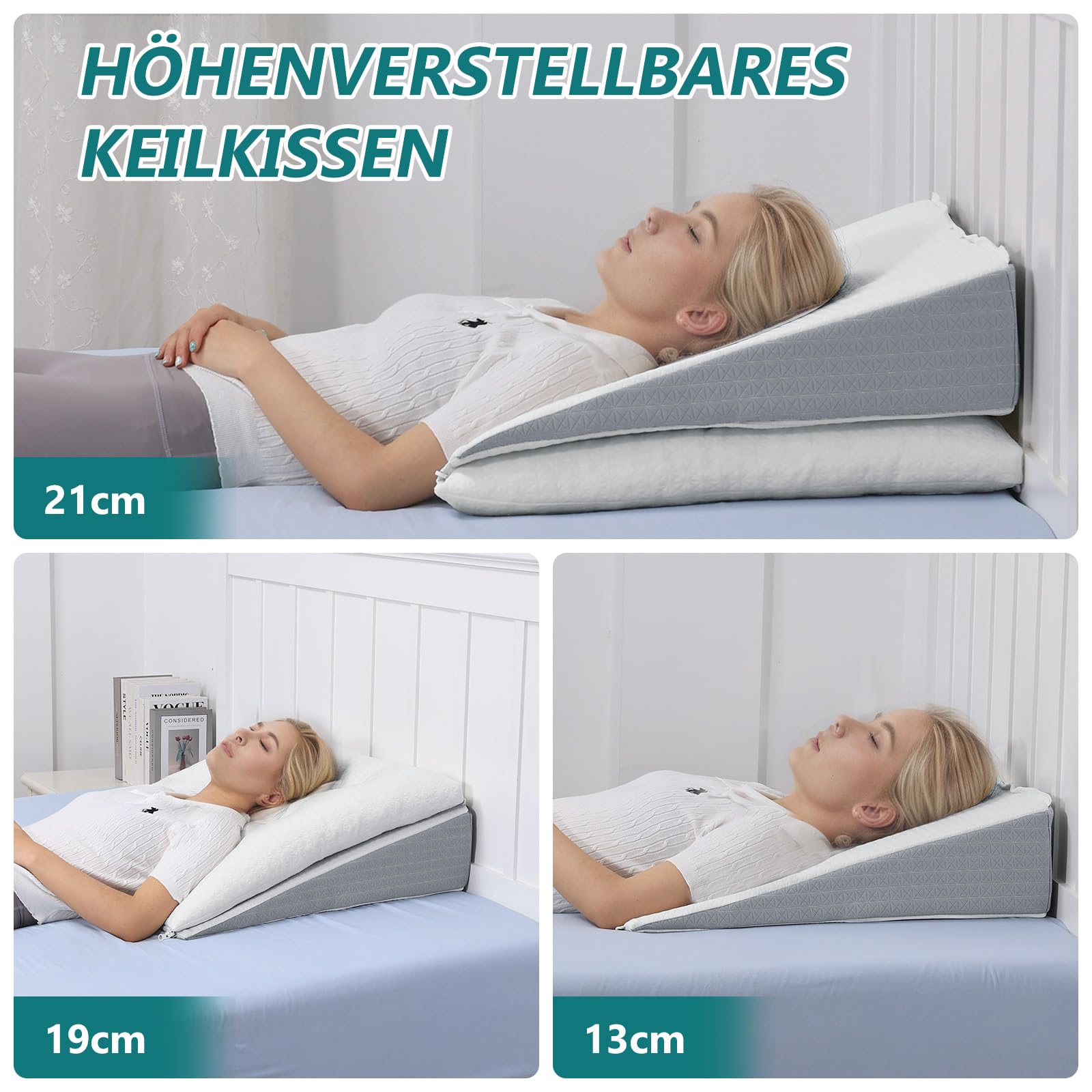 GOFORIT Keilkissen für Bett & Sofa, Individuell anpassbare Memory-Schaum-Auflage, Matratzenkeil, Groß Lesekissen zur Schlaferhöhung Rückenkissen als Bettkopfteil, Rückenstützkissen, 60x60x19