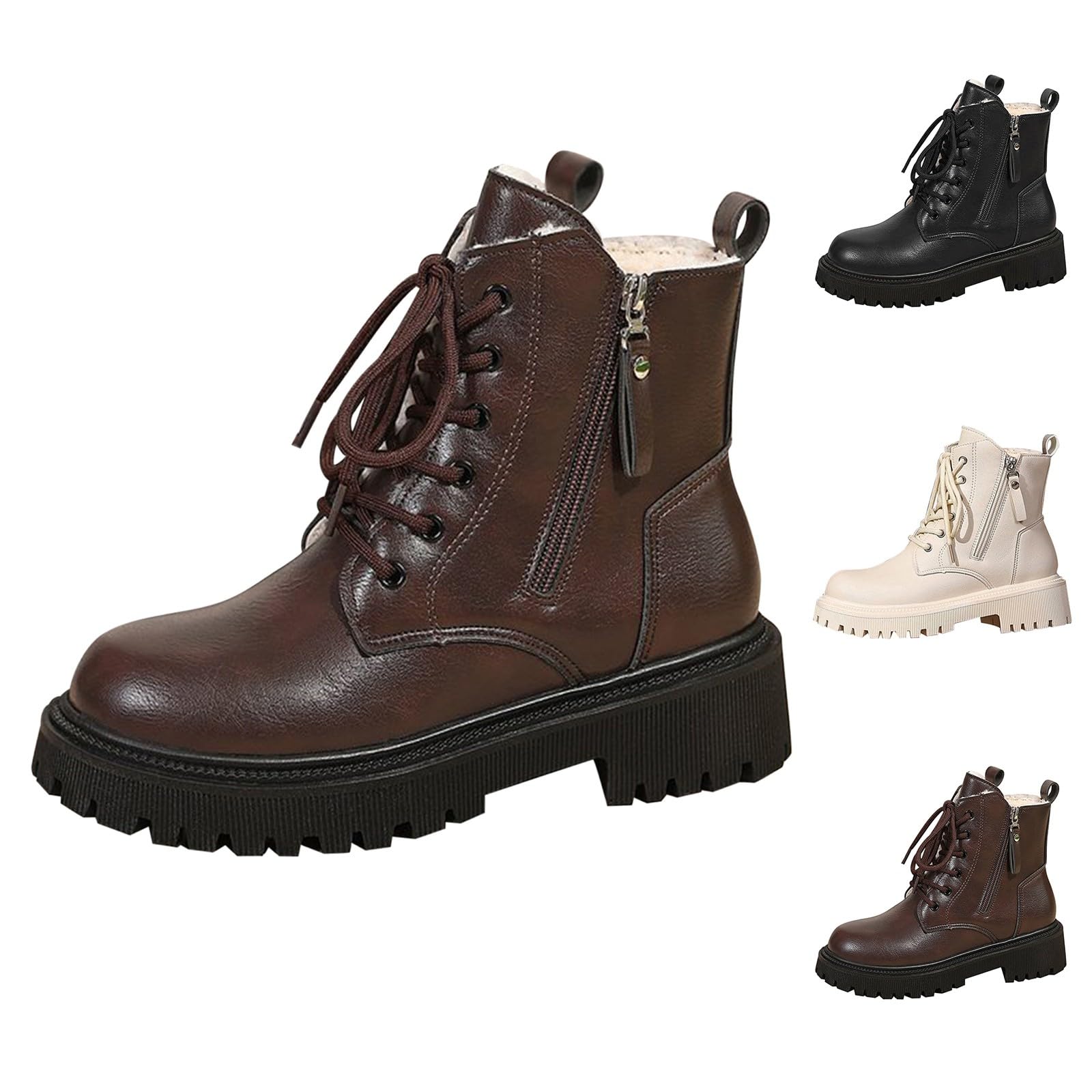 Scarpe invernali da donna, imbottite, con lacci, in pelle, con plateau