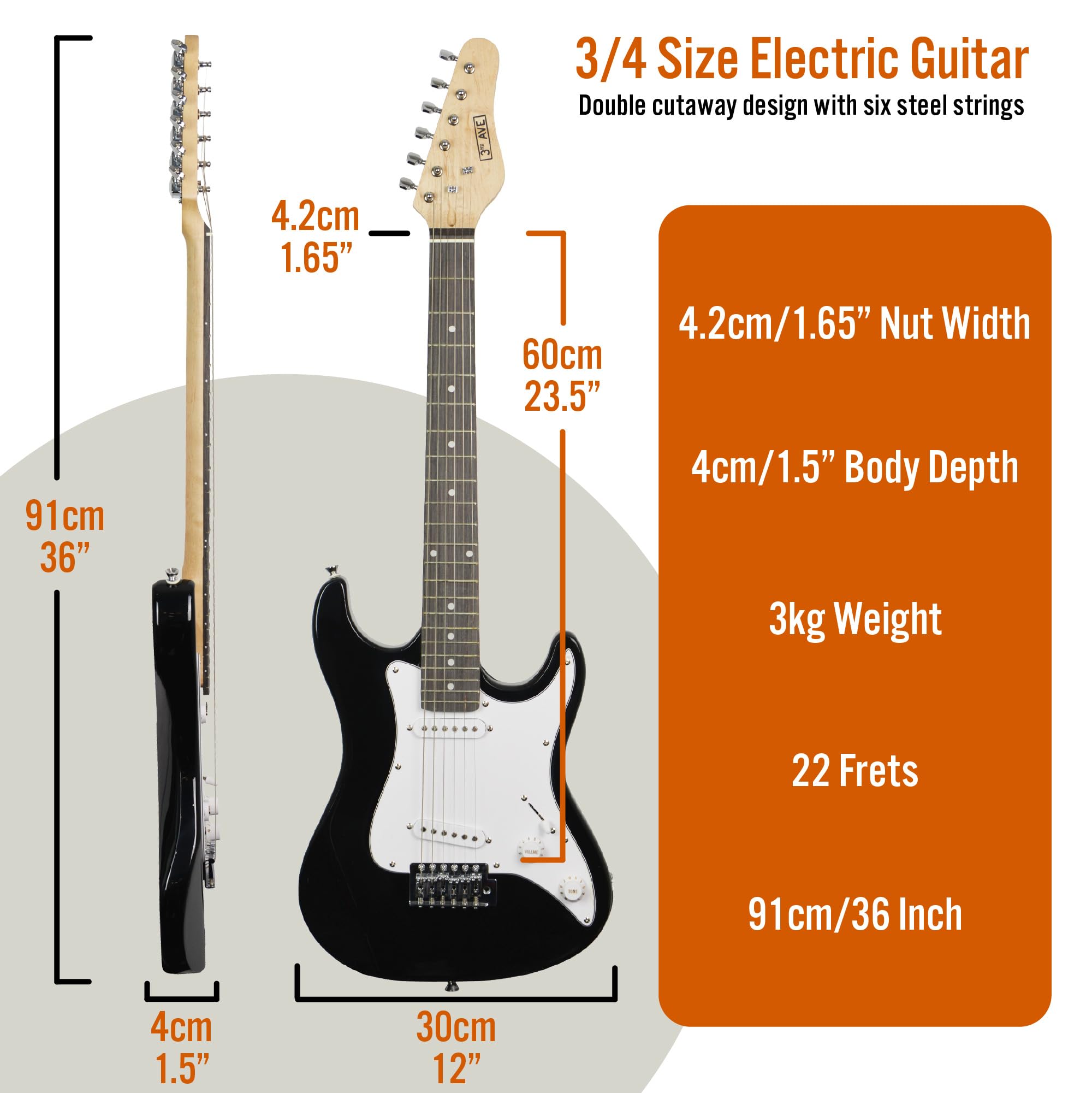 3rd Avenue XF Guitare électrique taille 3/4, pack de démarrage pour débutants avec housse, sangle, médiators et capodastre – Noire