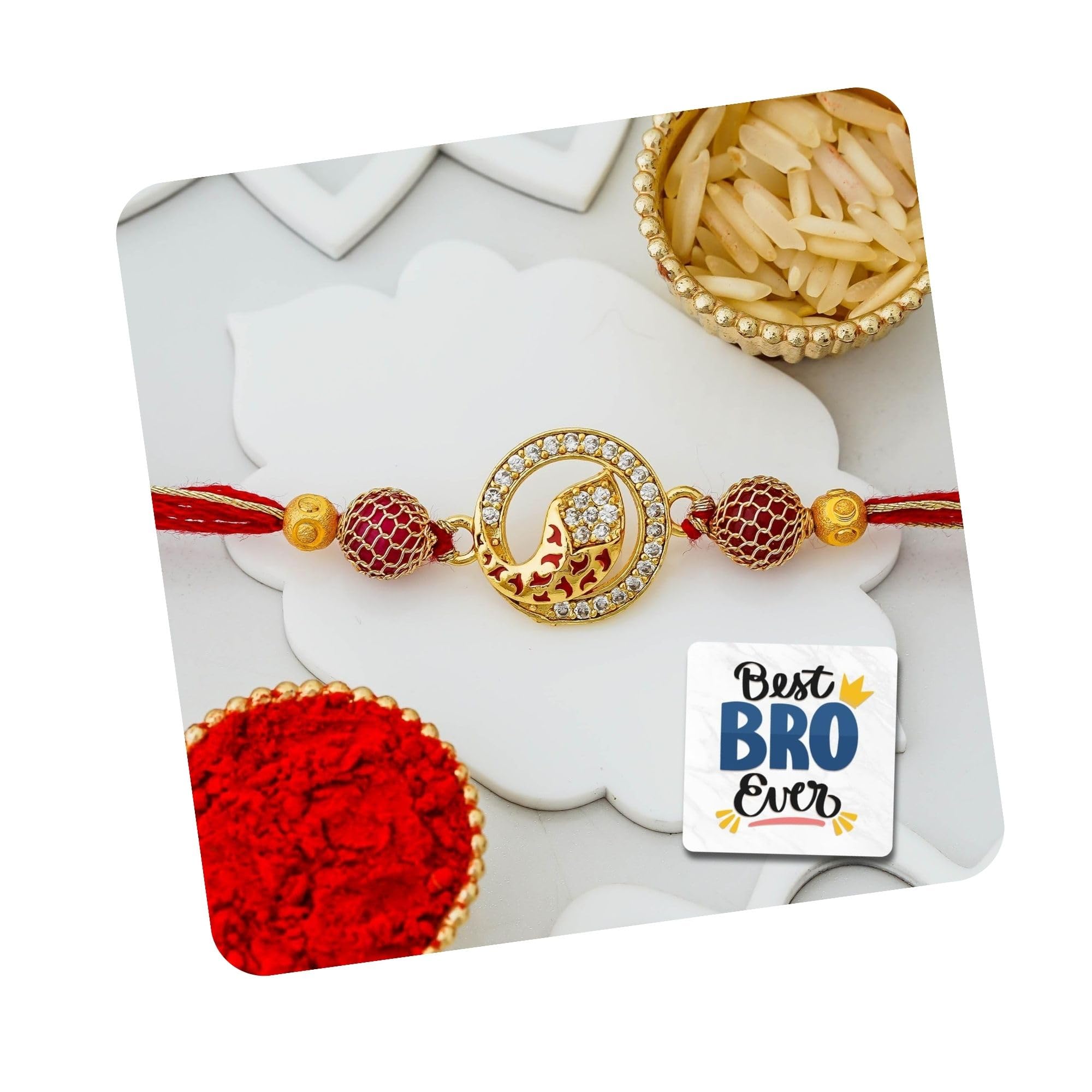 eCraftIndia Red Golden Flower Designer Rakhi for Brother | Raksha Bandhan Rakhi for Bhaiya Bhabhi Bhai Kids | Best Bro Ever Fridge Magnet | Roli Chawal Pack-picture-29