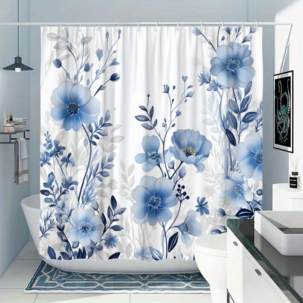 Tenda da doccia digitale con motivo floreale botanico, tessuto impermeabile con fantasia blu e bianca, ideale per bagno, vasca da bagno e altri ambienti (230x170 cm/LxA)