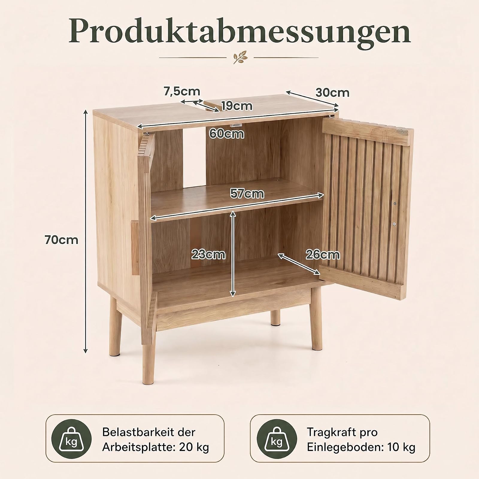 COSTWAY Waschbeckenunterschrank, Badezimmerschrank mit 2 Lamellentüren