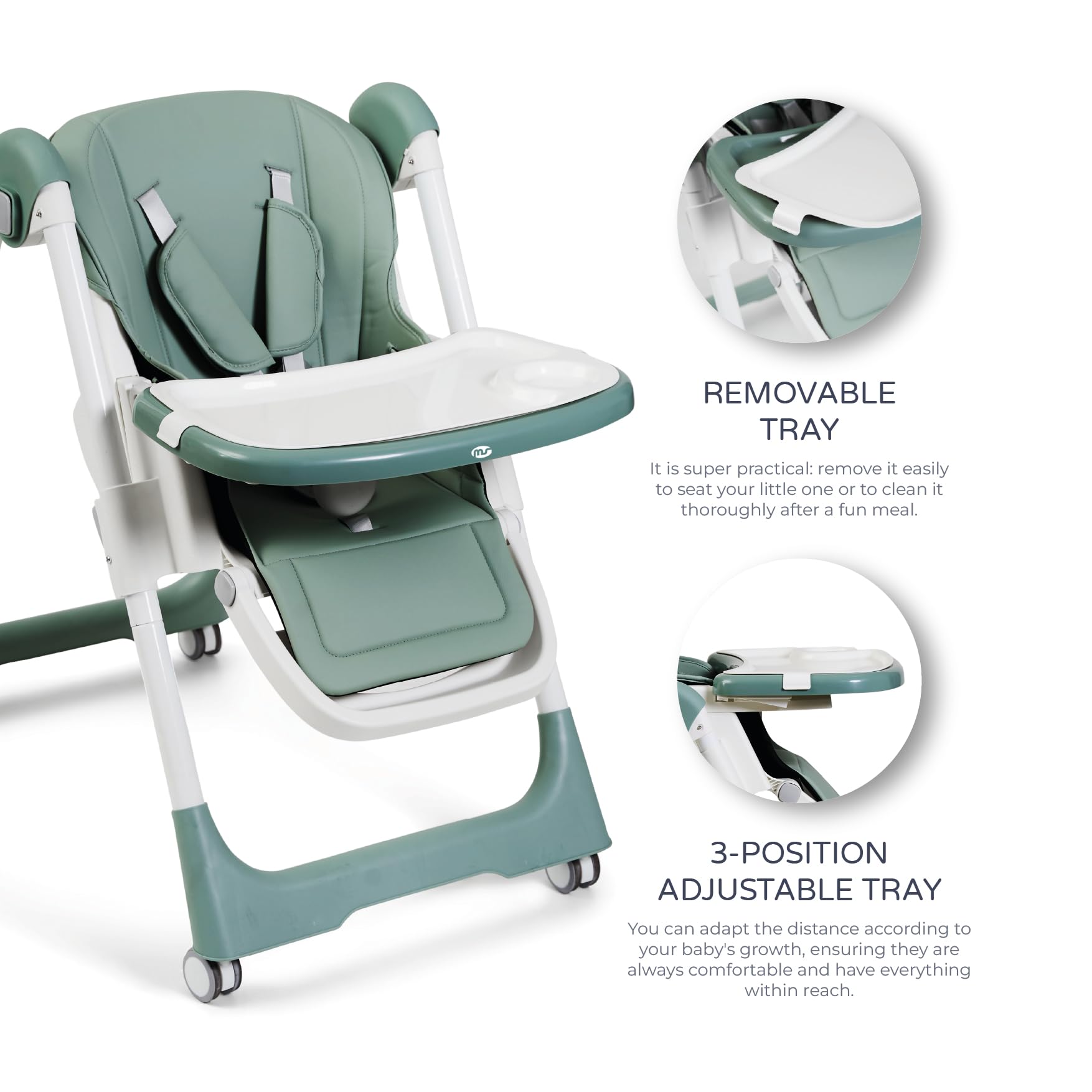 Ms BabyWorld - Trona Para Bebe Evolutiva Tasty | 7 Posiciones De Altura y 3 De Reclinación | Bandeja Extraíble y Reposapiés Regulable | Portatil, Plegable, Hasta 3 años (Blanco)