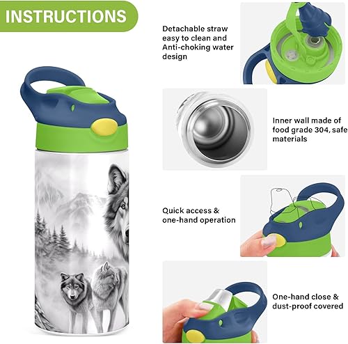Miniatura 5 de Wolf - Botella de agua para niños, botellas de agua aisladas de acero inoxidable con tapa con popote, 12 onzas, sin BPA, a prueba de fugas, termo de