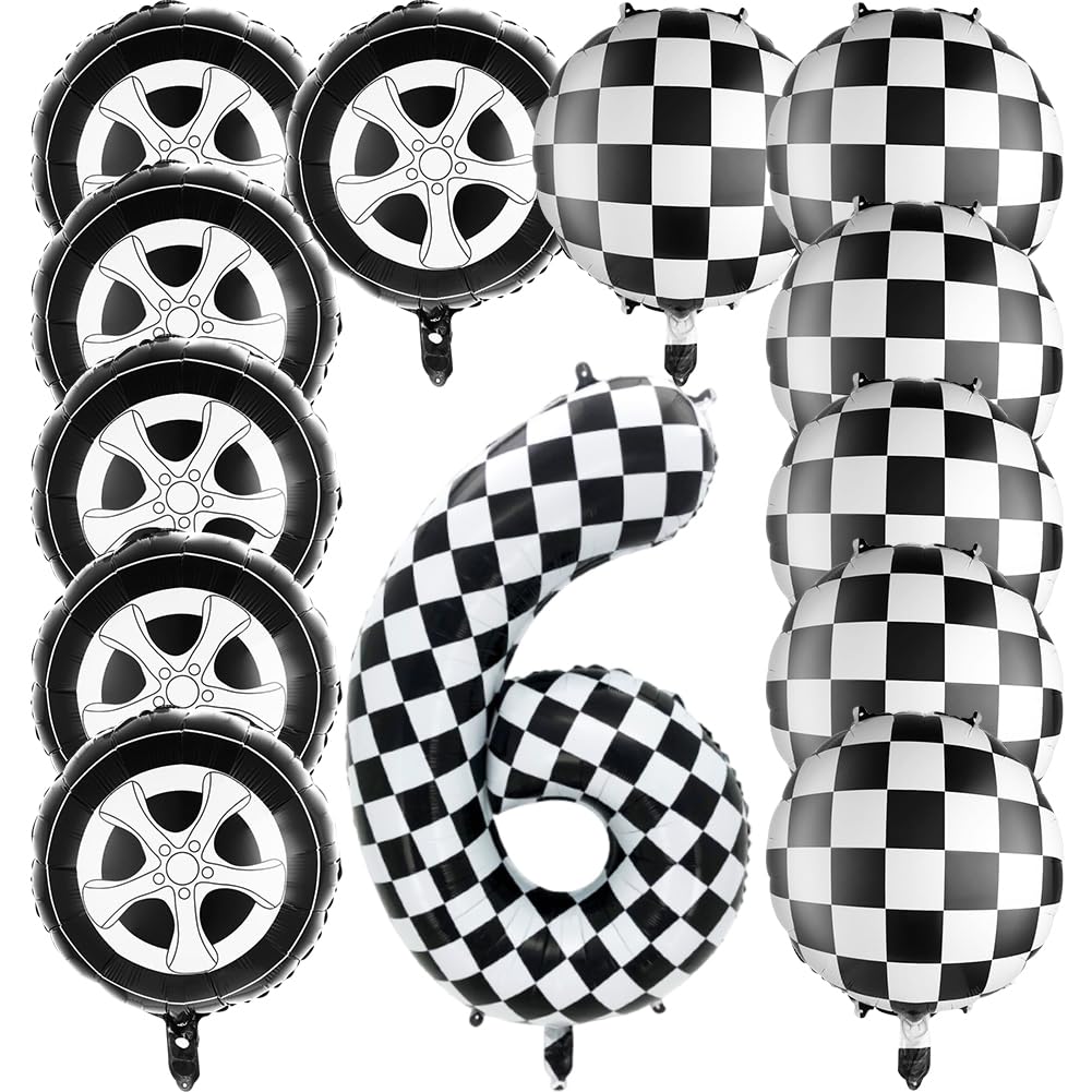Black and White Checkered Balloons Number 6 Foil Balloon Kit, Race Car Wheel Tire Aluminum Foil Flag Balloon, Racing Balloons for Boys 6th Racing Theme Birthday Party Decoration Supplies