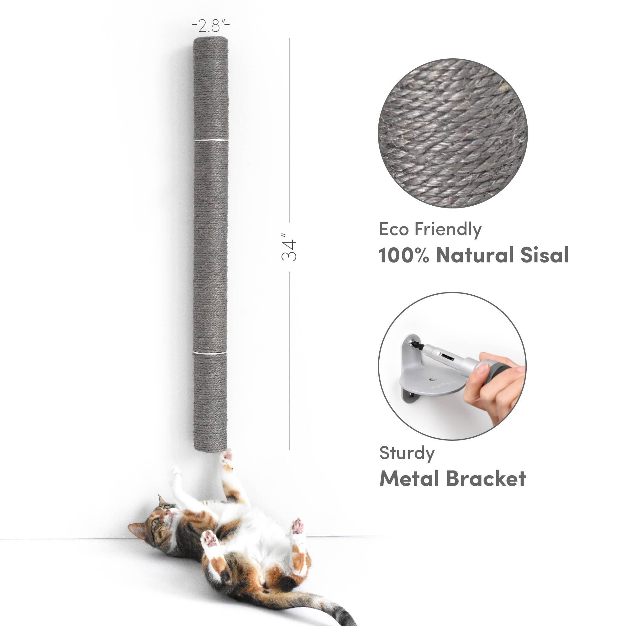 xympo Rascador para gatos montado en la pared de 34 pulgadas, poste rascador de sisal, color gris