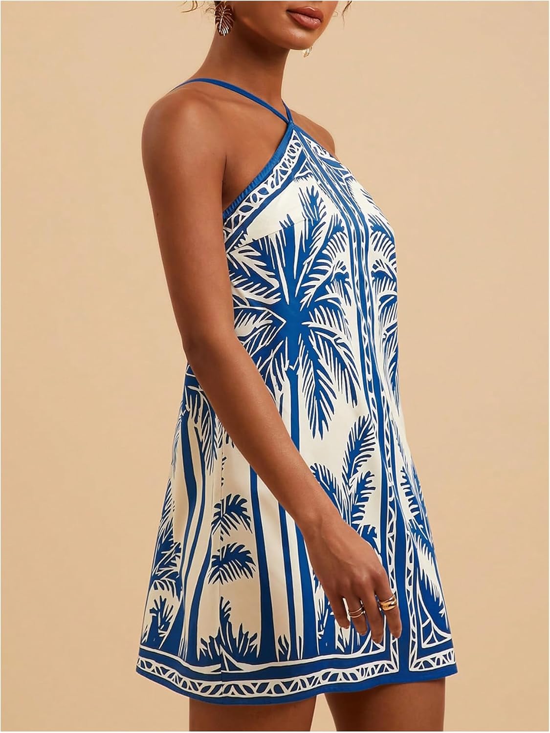 MakeMeChic Women's Tropical Print Halter Neck Dress Summer Tie Backless Spaghetti Strap Boho Short Dresses - Image 3