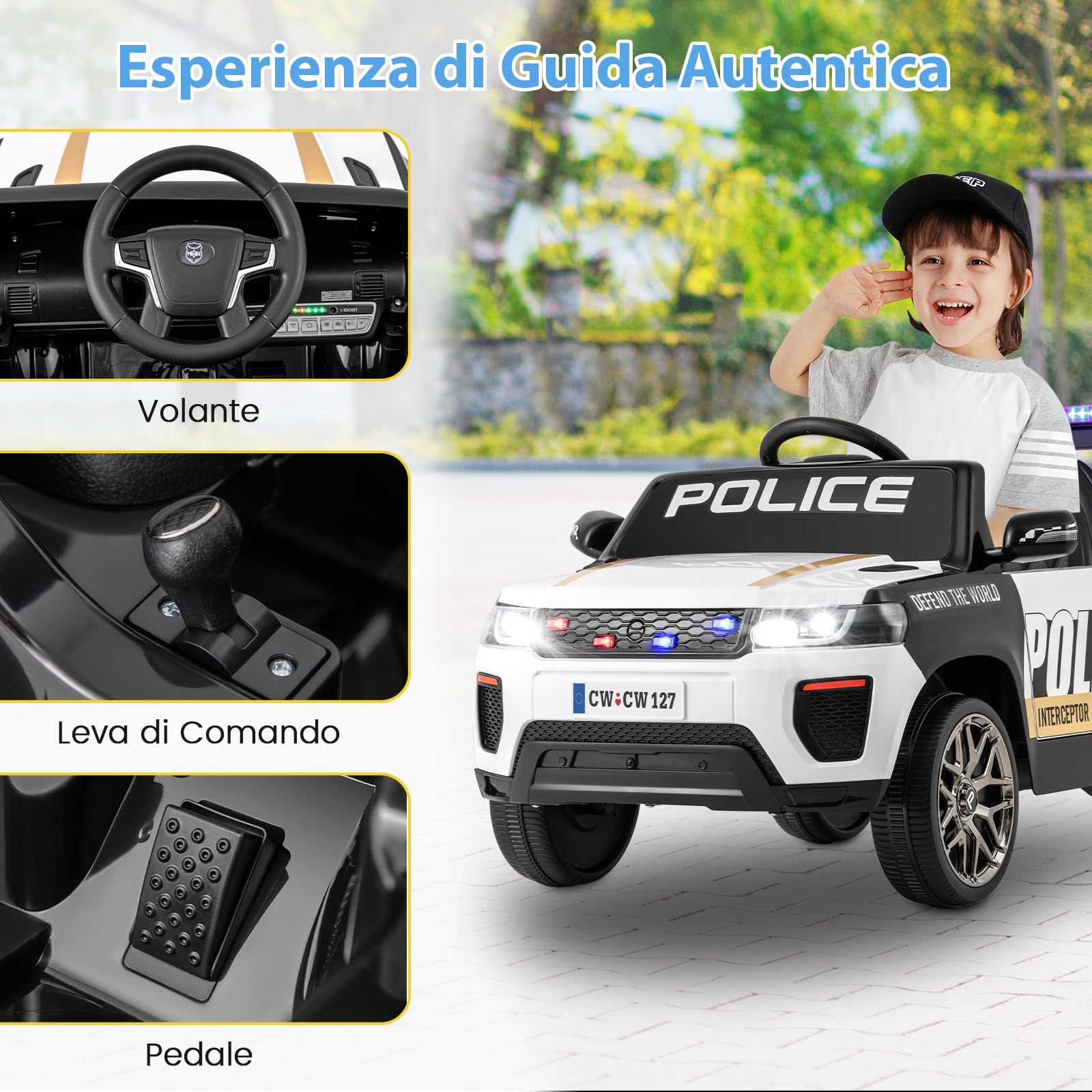 COSTWAY Auto della Polizia per Bambini, Macchina Elettrica 12V con Telecomando Connessione Wireless Musica Clacson Sirena e Luci LED, per Bambini 3-8 Anni (Bianco)