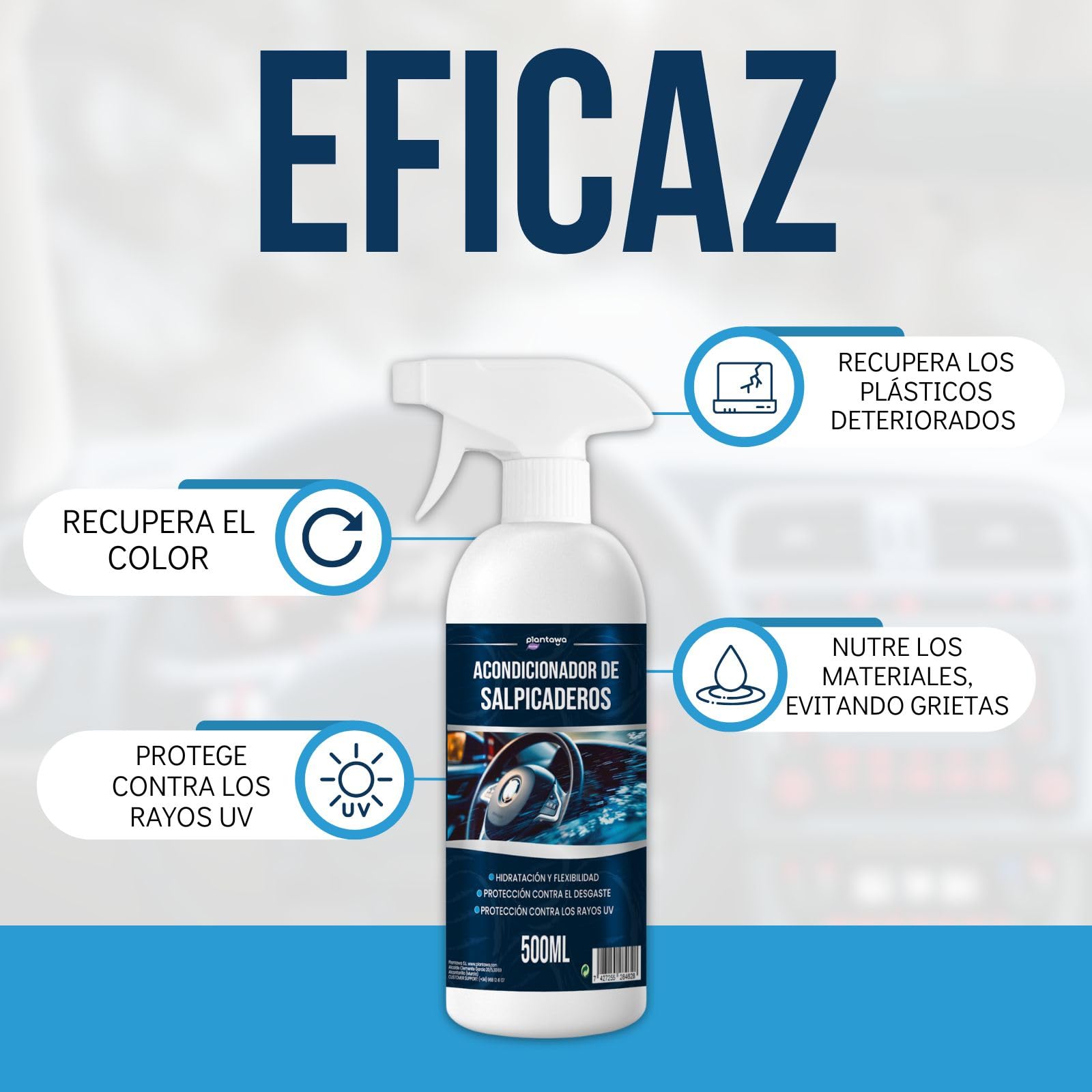PLANTAWA Odżywka do deski rozdzielczej samochodu 500 ml | Nawilżacz tworzyw sztucznych i gum | przywraca kolor i ochrona przed słońcem | środek nabłyszczający do wnętrz i na zewnątrz | Pył i bez smug
