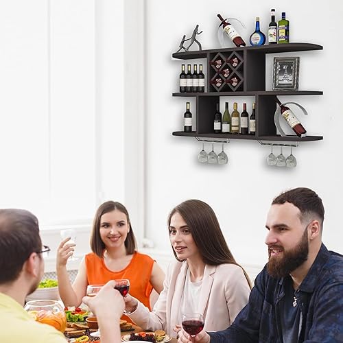 Miniatura 7 de Estante de madera para vino montado en la pared con 2 soportes para vidrio, estante de vino con colgador de copas, estantes flotantes de licor para