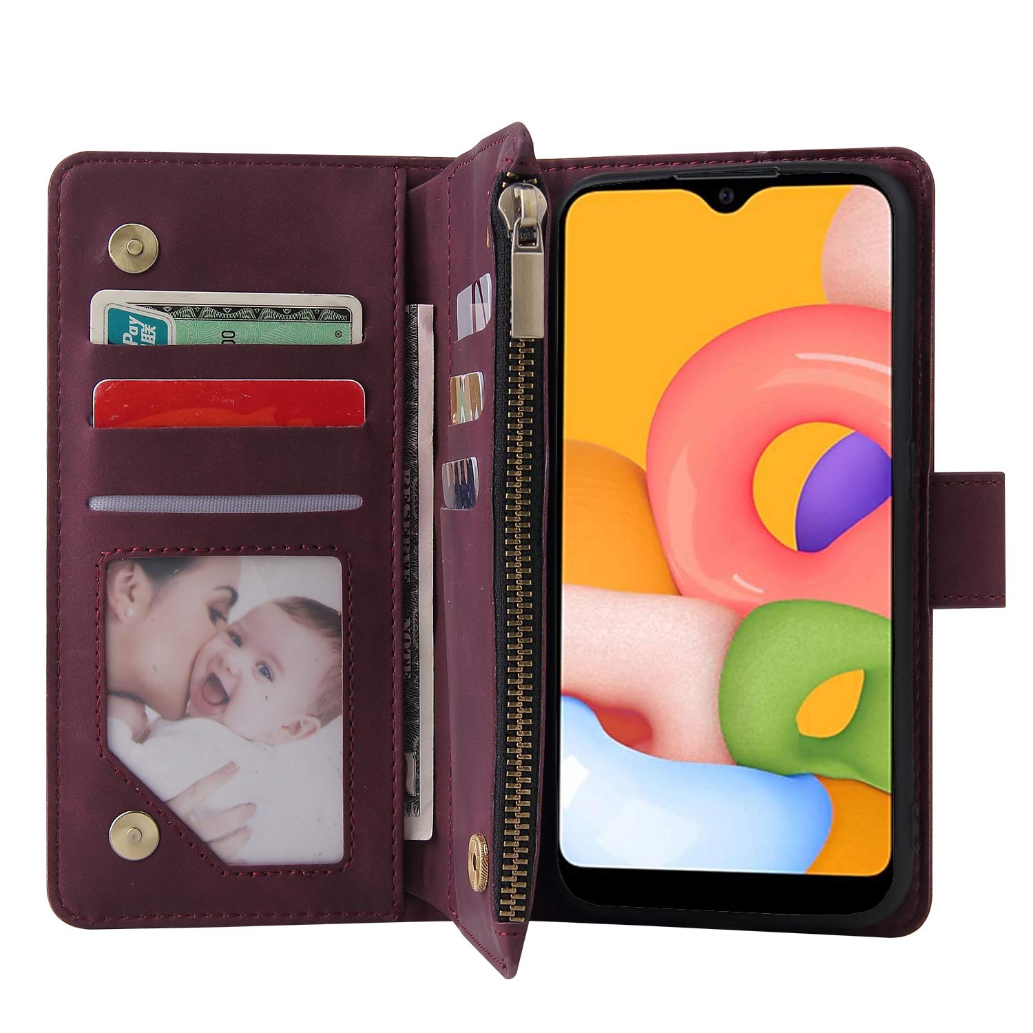 LBYZCASE Phone Case for Galaxy A10E 2019,Samsung A10e Wallet Case,Luxury Folio Flip Leather Cover[Zipper Pocket][Wrist Strap][Kickstand ][Magnetic Closure] for Samsung Galaxy A10E (Wine Red)