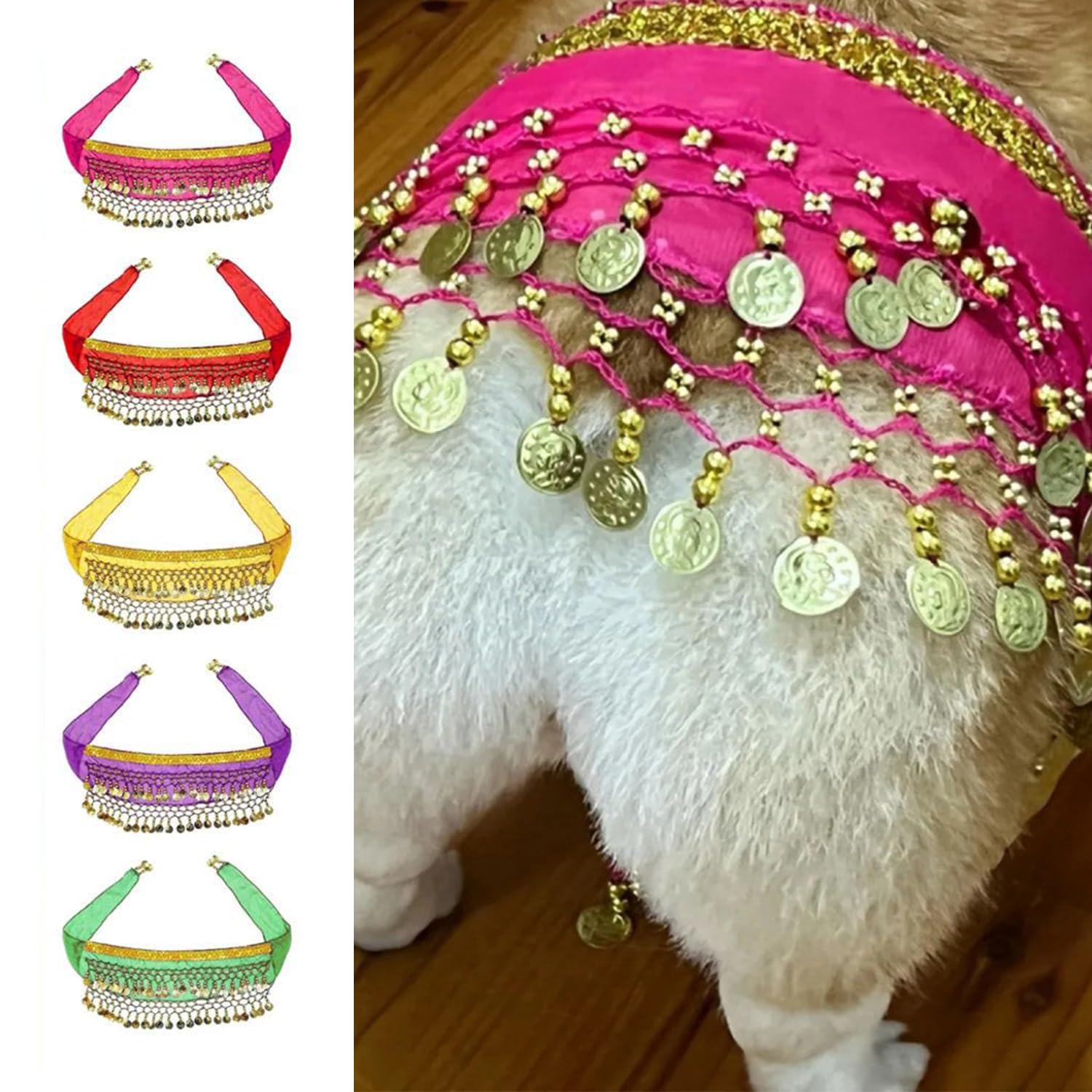 Belly Dancer Skirt for Dogs, Corgi Costume for Dogs, Passionate Puppy Shaking Hip Dance Hip Scarf Decoration for Halloween Day Pet Costumes (Dark Pink