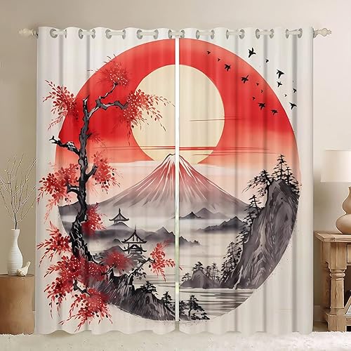CLOXKS Cortinas opacas japonesas, cortinas de paisaje de Mount Fuji para sala de estar, dormitorio, cortinas con ojales con aislamiento térmico,