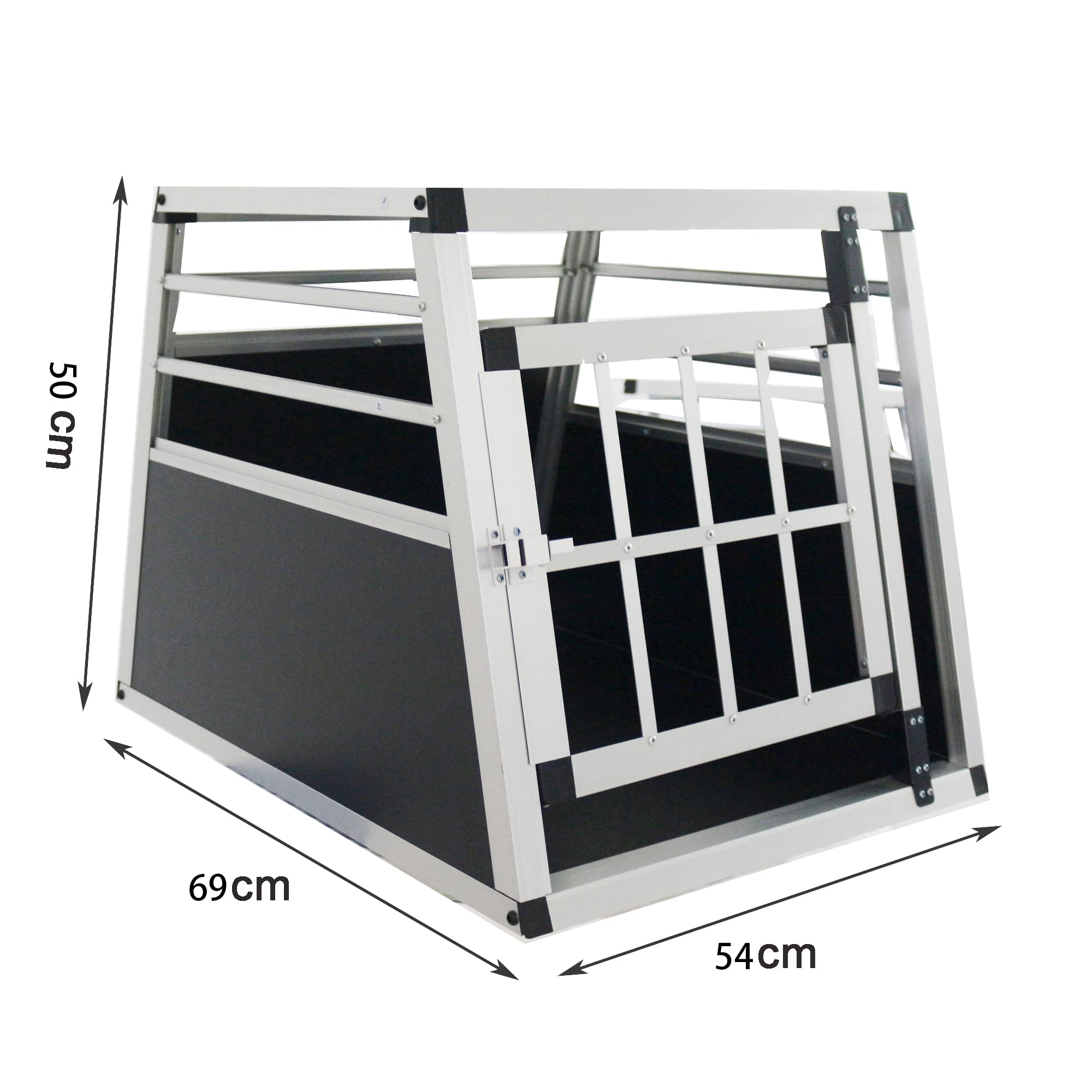 Alu Hunde Autotransportbox – Auto Hundebox robust & pflegeleicht – Gittertür verschließbar - Aluminium Kofferraumbox Reisebox für Hunde Katzen (54L x 69B x 50H cm)