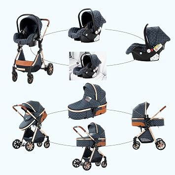 3-in-1 Pushchair Comfortable Multifunctional Combination Pram 3-in-1 Complete Set Aluminium High Landscape Baby Pram Foldable Pram Set (V9 Khaki)