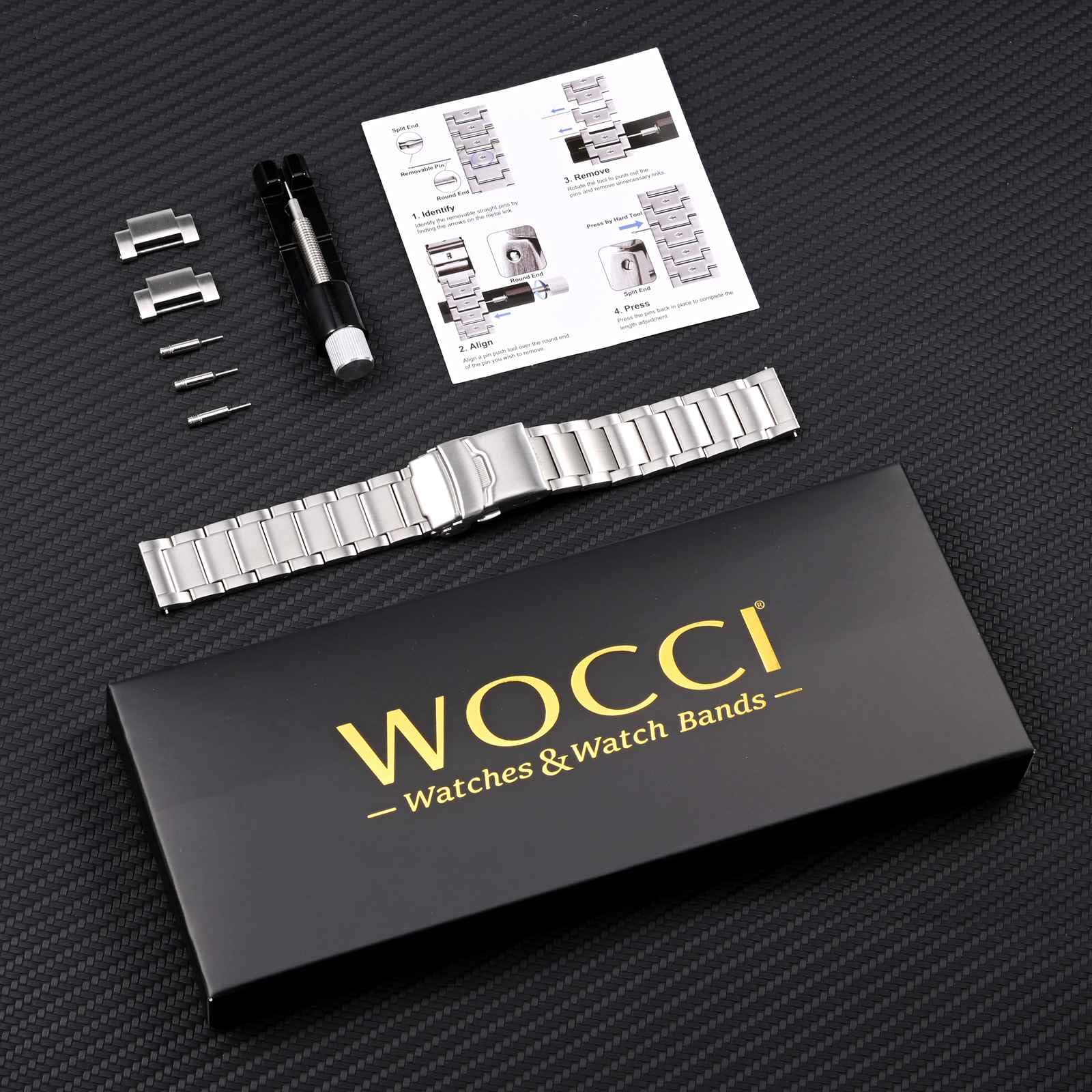 WOCCI Correa de Reloj de Metal Resistente, Correas de Repuesto de Acero Inoxidable 316 L, Cierre Desplegable, Ancho de Lengüeta de Reloj Compatible 18mm 20mm 22mm 24mm