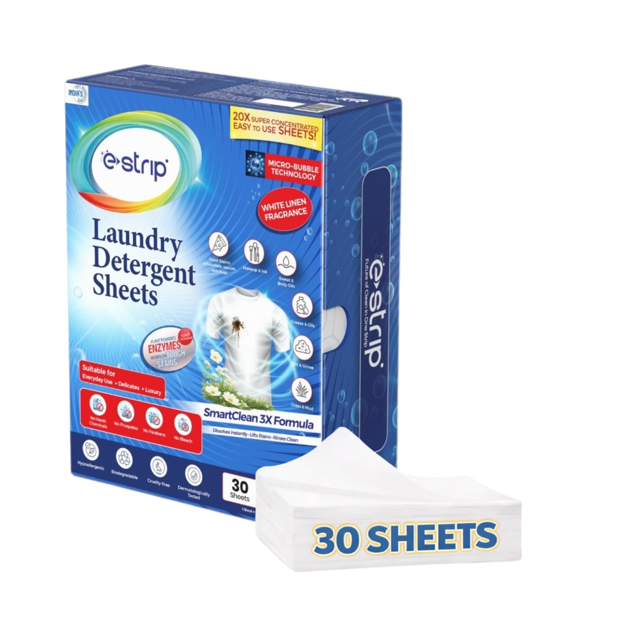 Laundry Detergent Sheets|30 Sheets=60 Washes|Alternative to Powder/Liquid |Front Load/Top Load/Hand Wash|Just Drop & Dissolves|Plant-Based, No Plastic|SmartClean 3X Concentrated Eco Friendly