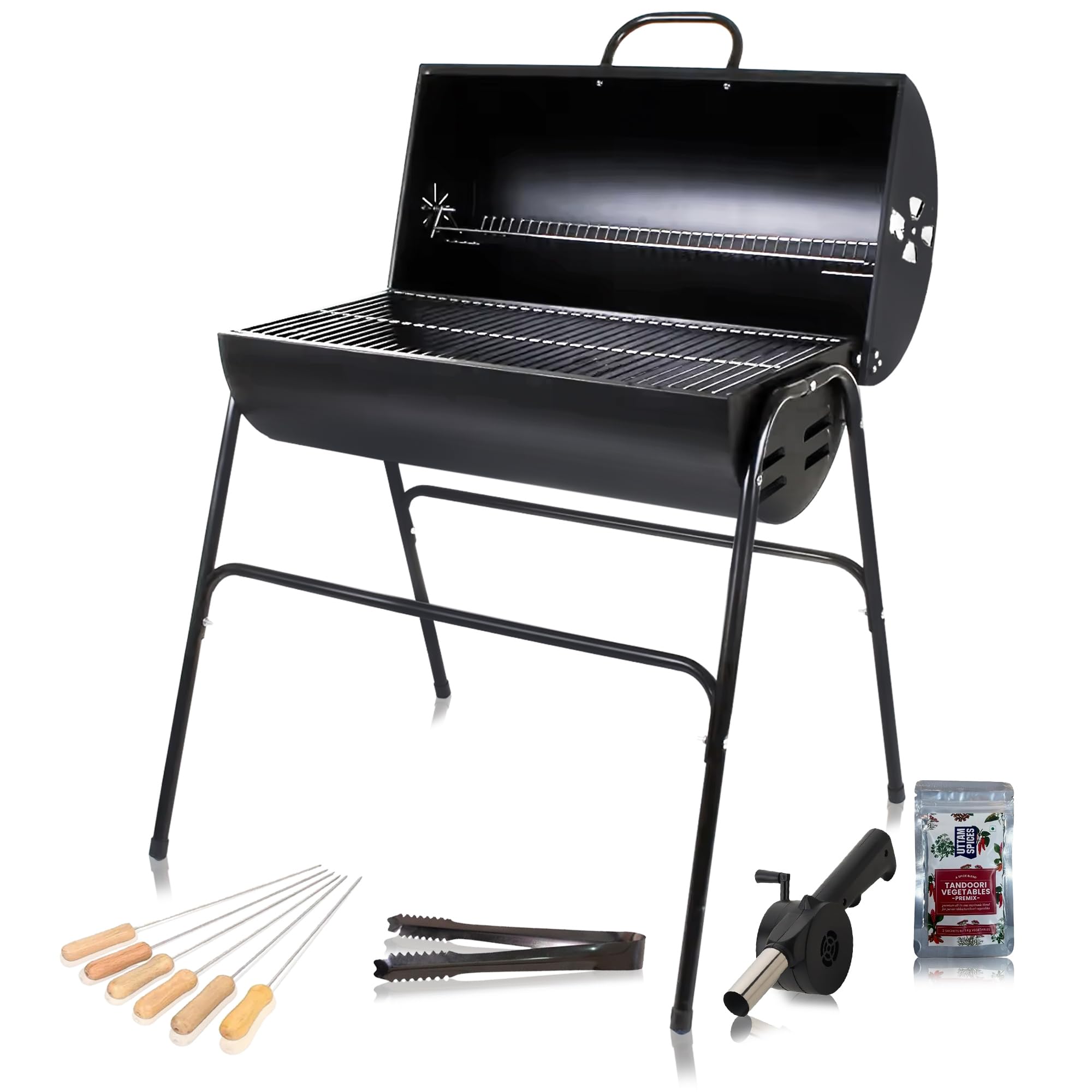 Finiky GrillBeat Drum Barbeque Grill with Accessories | Barrel Style, Charcoal Griller BBQ | Large Cooking Area, Additional Warming Rack | Tandoori Griller with 5 Skewers, Tong, Airblower, Spices (B0B9Y4NMJF) Amazon Price History, Amazon Price Tracker