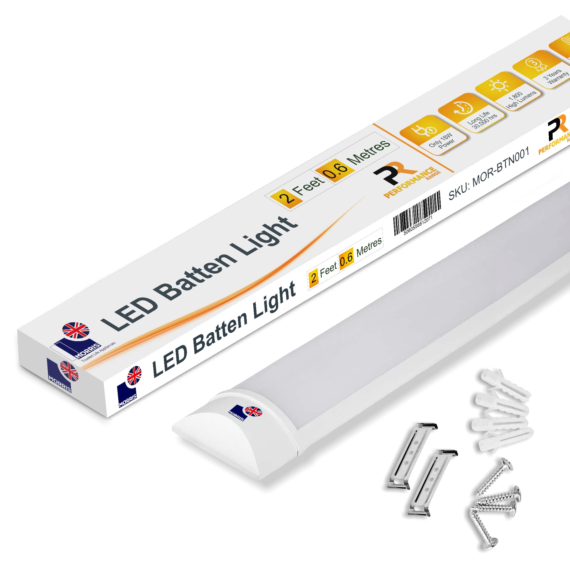 Morris LED Batten Slimline Tube Light 2FT 3FT 4FT 5FT 6FT Wall/Ceiling Mount (6000k) (2FT (60cms))
