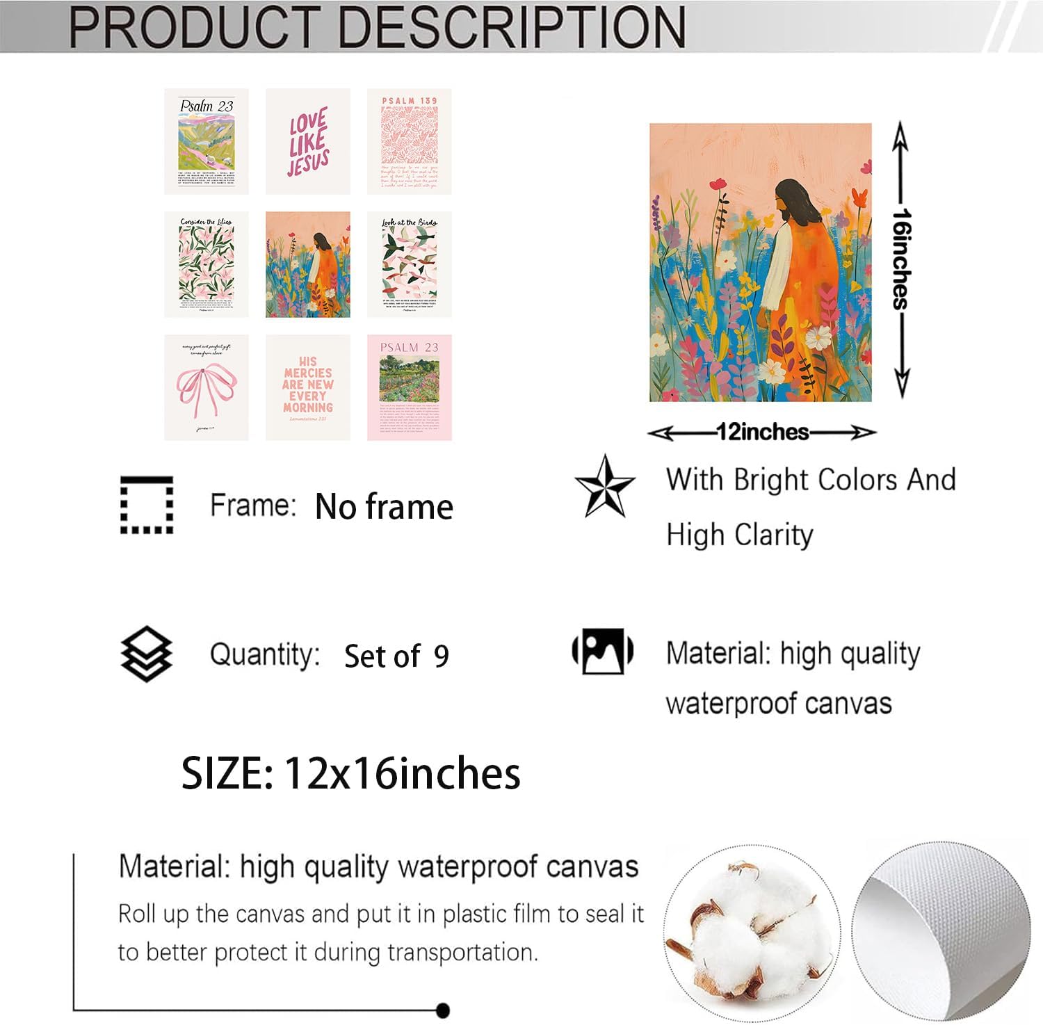 BingruiArt 9Pcs Christian Wall Art Pink Bible Verse Posters Jesus Canvas Retro Psalm 23 Scripture Vintage Christ Artwork Religious Poster Pictures Prints for Living Room Bedroom 12x16in Unframed