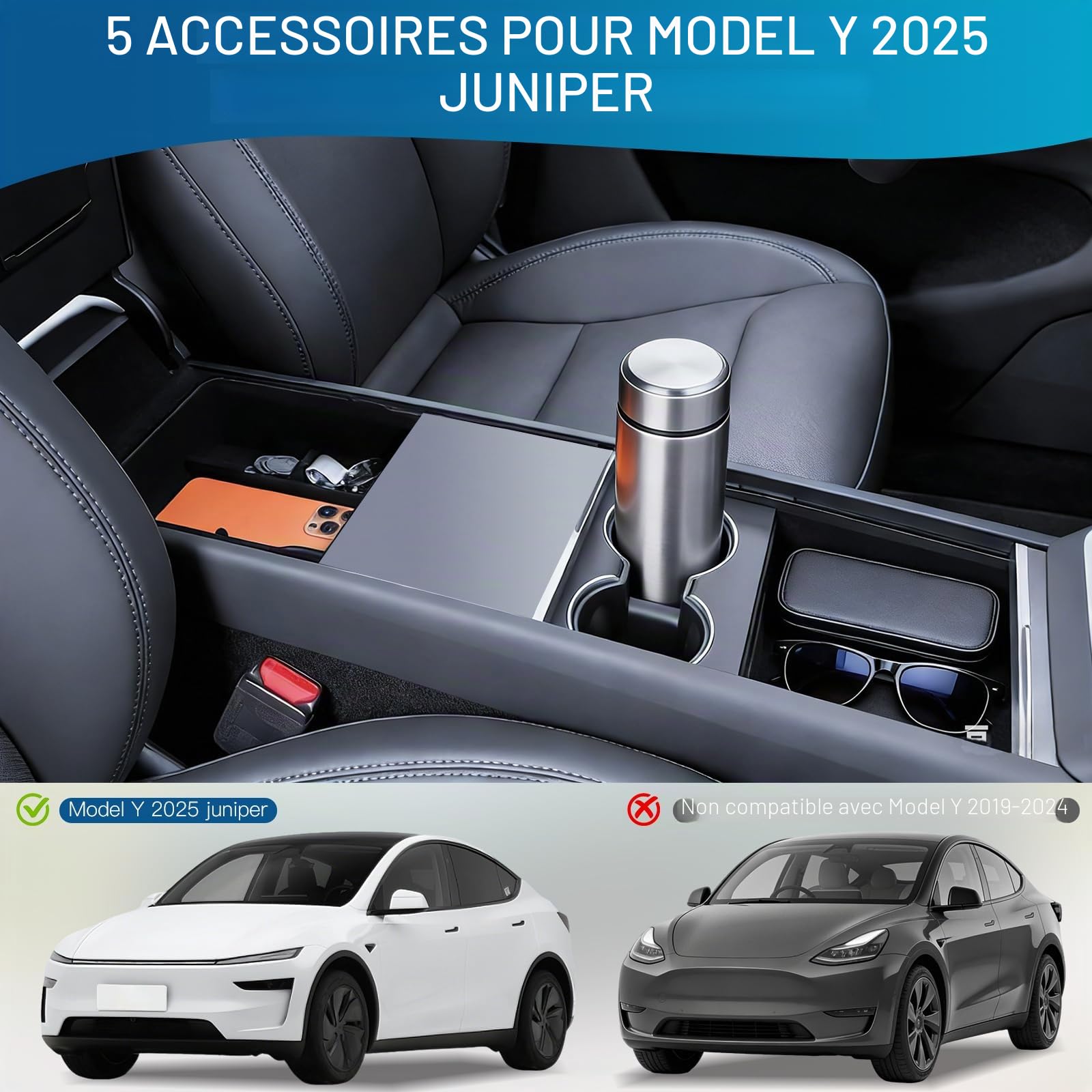 5 PCS Accessoires pour Tesla Model Y Juniper 2025 2026: Boîte De Rangement pour Console Centrale, Plateau en Silicone, Boîte Cachée, Boîte De Rangement pour Accoudoirs Et Porte-Gobelets Zubehör