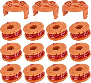 SHINING HOUSE Trimmer Bobines, 12 Pièces 1.65mm Bobines Tondeuse de Rechange Line Trimmer Bobine de Rechange 2 capuchons de protection pour WORX WA0010, bouchon d'alimentation automatique Weed Eater