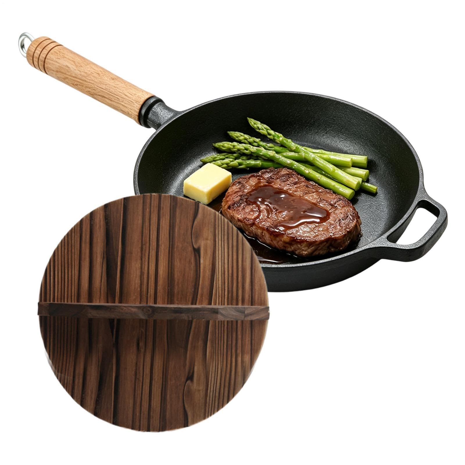 Sartén De Hierro Fundido Ergonómico Antiadherente Con Mango De Madera | Plancha Grill Cocina Para Hornear Tortilla Pescado Huevos Panqueques Bistecs Hogar Restaurante Camping Cocina