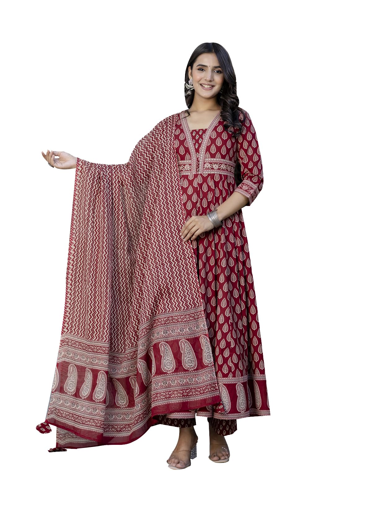 gulmohar jaipur Women's Cotton Calf Length Printed Flared Kurta Palazzo and Dupatta Set-picture-21