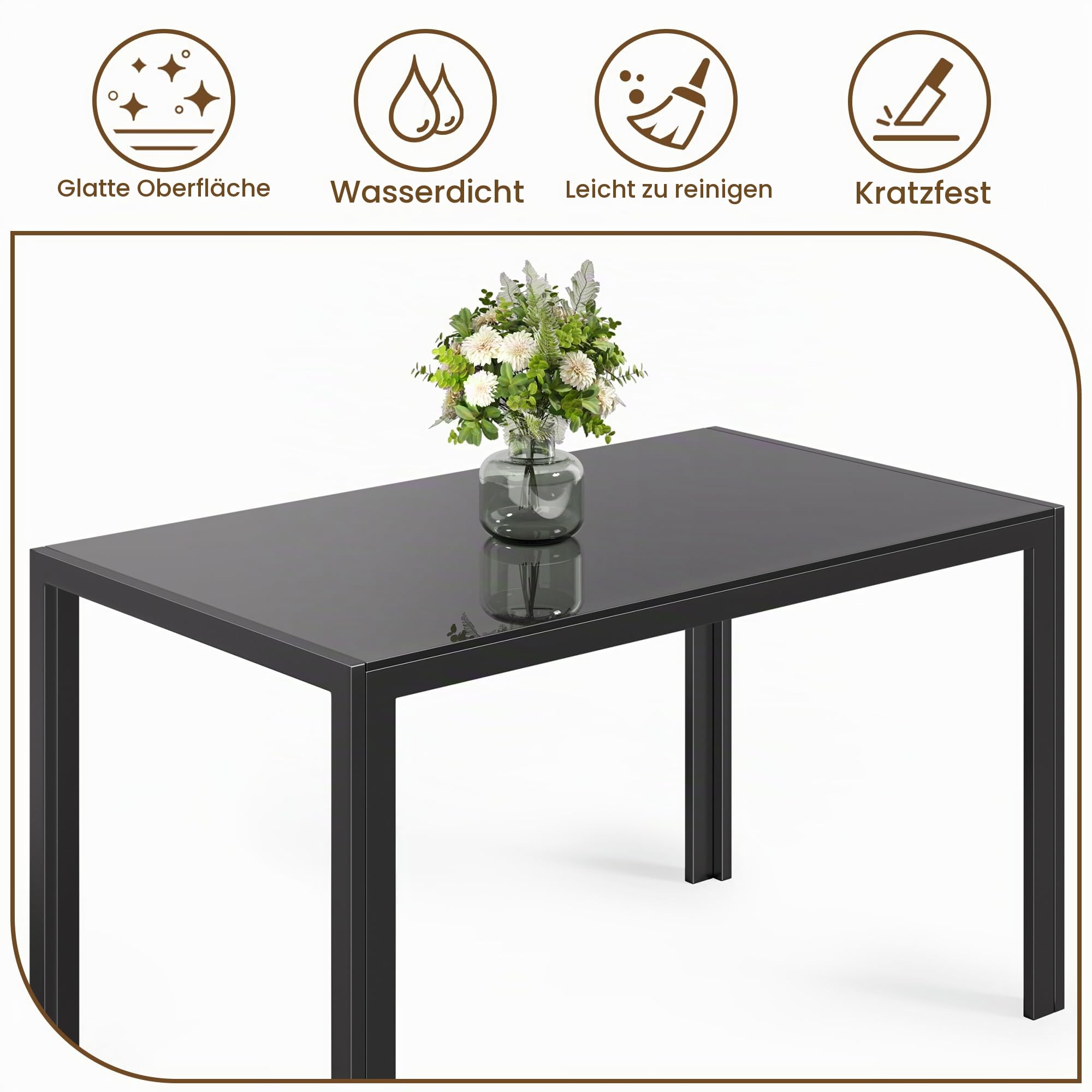 Bealife Esstisch aus gehärtetem Glas,120x70x75 cm,Moderner Küchentisch mit Metallgestell, Kratzfest & Hitzebeständig – Für Küche, Wohnzimmer，Esszimmer oder Kaffeeecke，Homeoffice (Schwarz, 120*70*75)