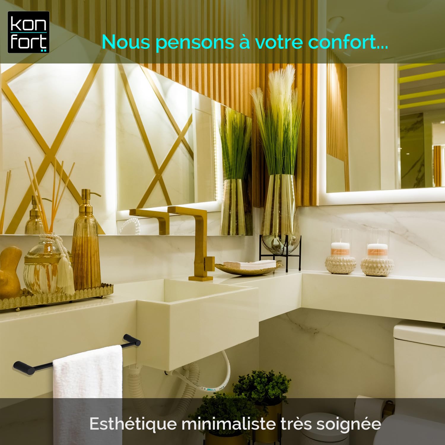 Kon-fort Home Porte Serviette Noir Salle de Bain Acier Inoxydable brossé Mat, Design Exclusif, 40 cm
