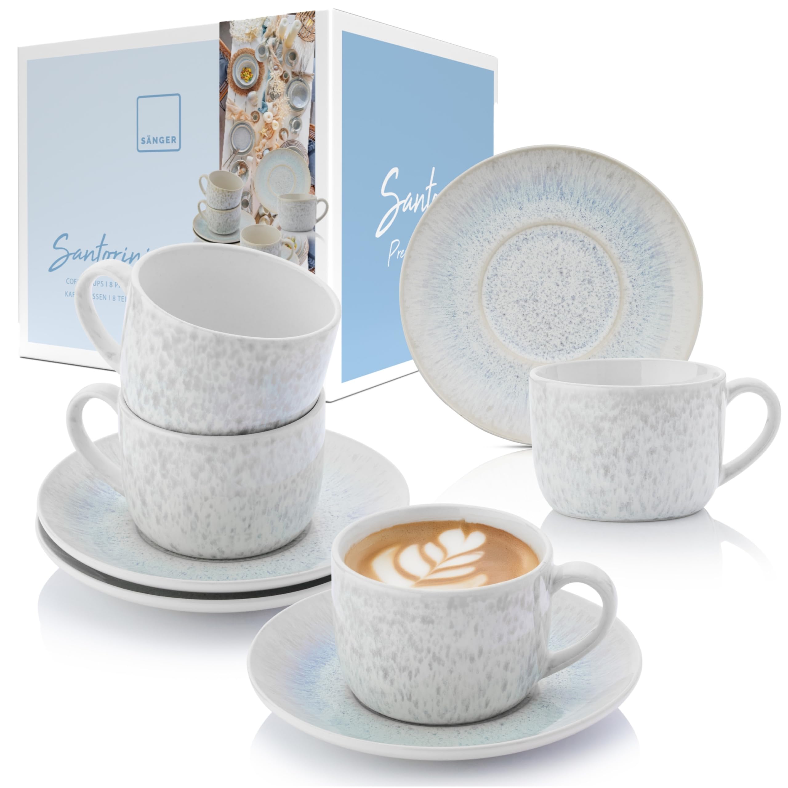 SÄNGER | Kaffeetassen Set mit Untertasse Santorini 8 tlg, Kaffeetassen und Untertassen 4 Personen, Steingut Kaffeeservice, Tassen Cremefarben mit Flieder Blauem Farbverlauf 150 ml | PREMIUM COLLECTION