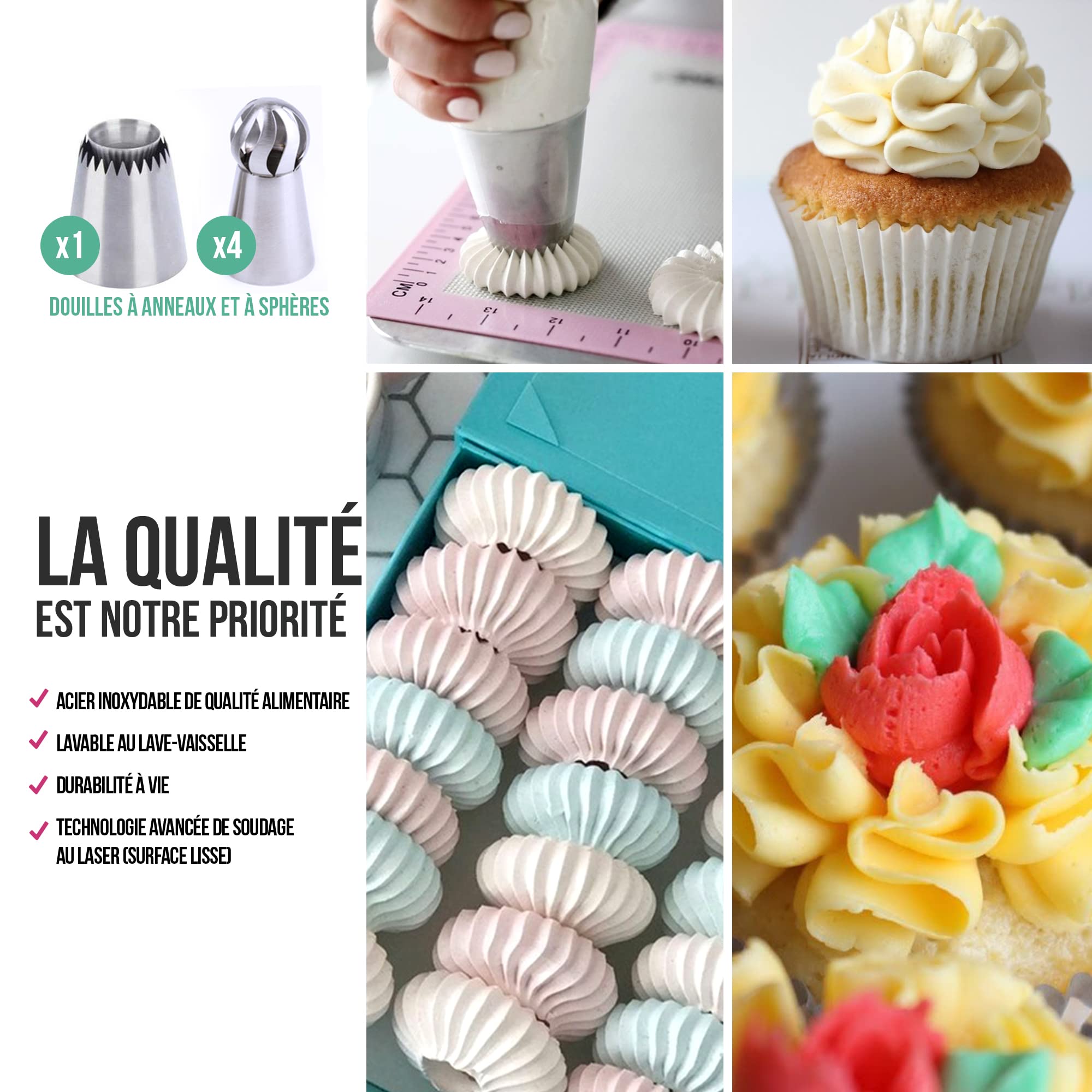 Set de Douilles Russes – 61 pièces pour la décoration florale des gâteaux et cupcakes: 34 embouts de glaçage, 20 sacs à douilles jetables, 1 sac en silicone, 4 raccords et 1 boite cadeau