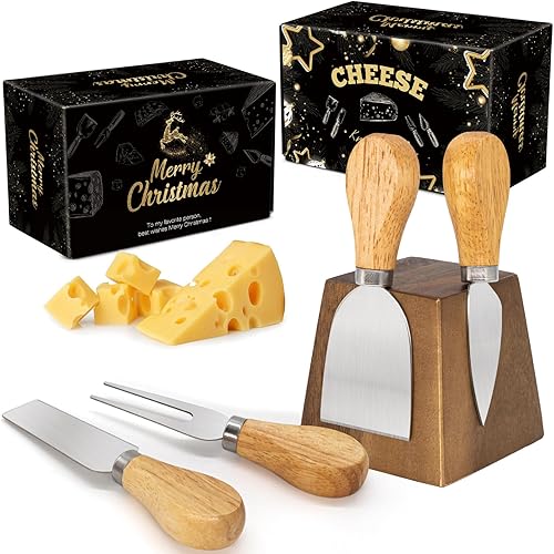 Juego de cuchillos de queso para embutidos  4 cuchillos de queso pequeños de acero inoxidable y tenedor con soporte magnético de madera de acacia