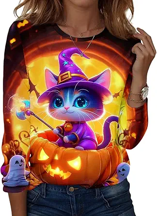 Halloween Shirts for Women Long Sleeve Plus Size Fashion Crewneck Comfortable Tshirts Halloween Costumes for Women