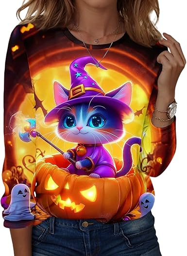Halloween Shirts for Women Long Sleeve Plus Size Fashion Crewneck Comfortable Tshirts Halloween Costumes for Women