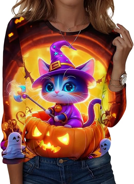 Halloween Shirts for Women Long Sleeve Plus Size Fashion Crewneck Comfortable Tshirts Halloween Costumes for Women