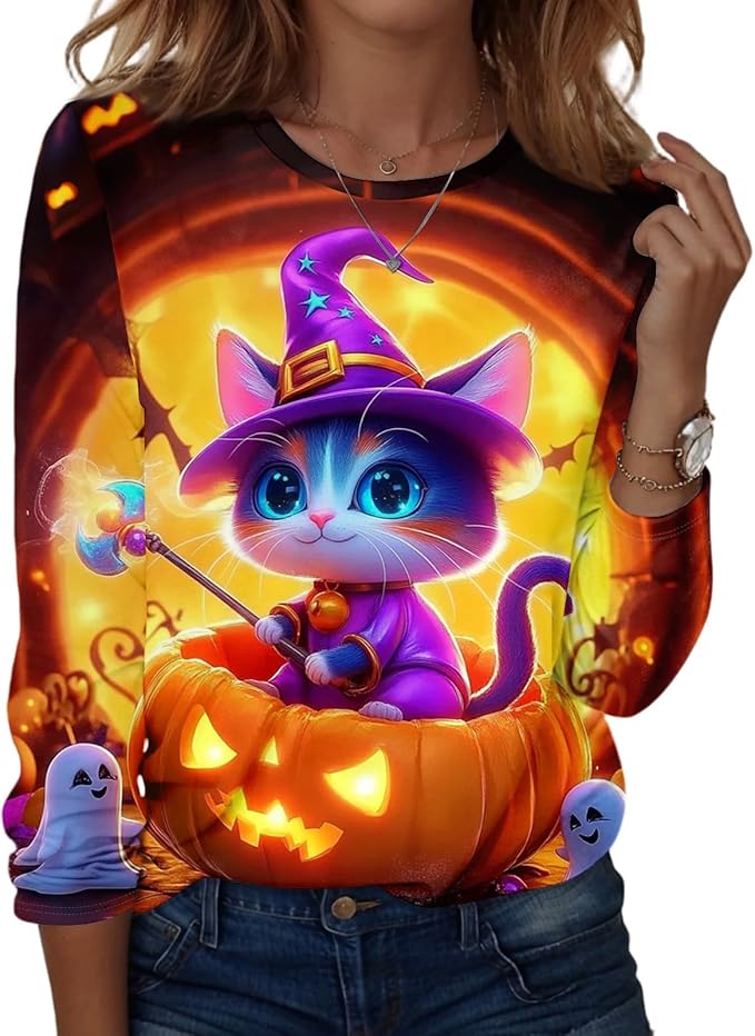Halloween Shirts for Women Long Sleeve Plus Size Fashion Crewneck Comfortable Tshirts Halloween Costumes for Women