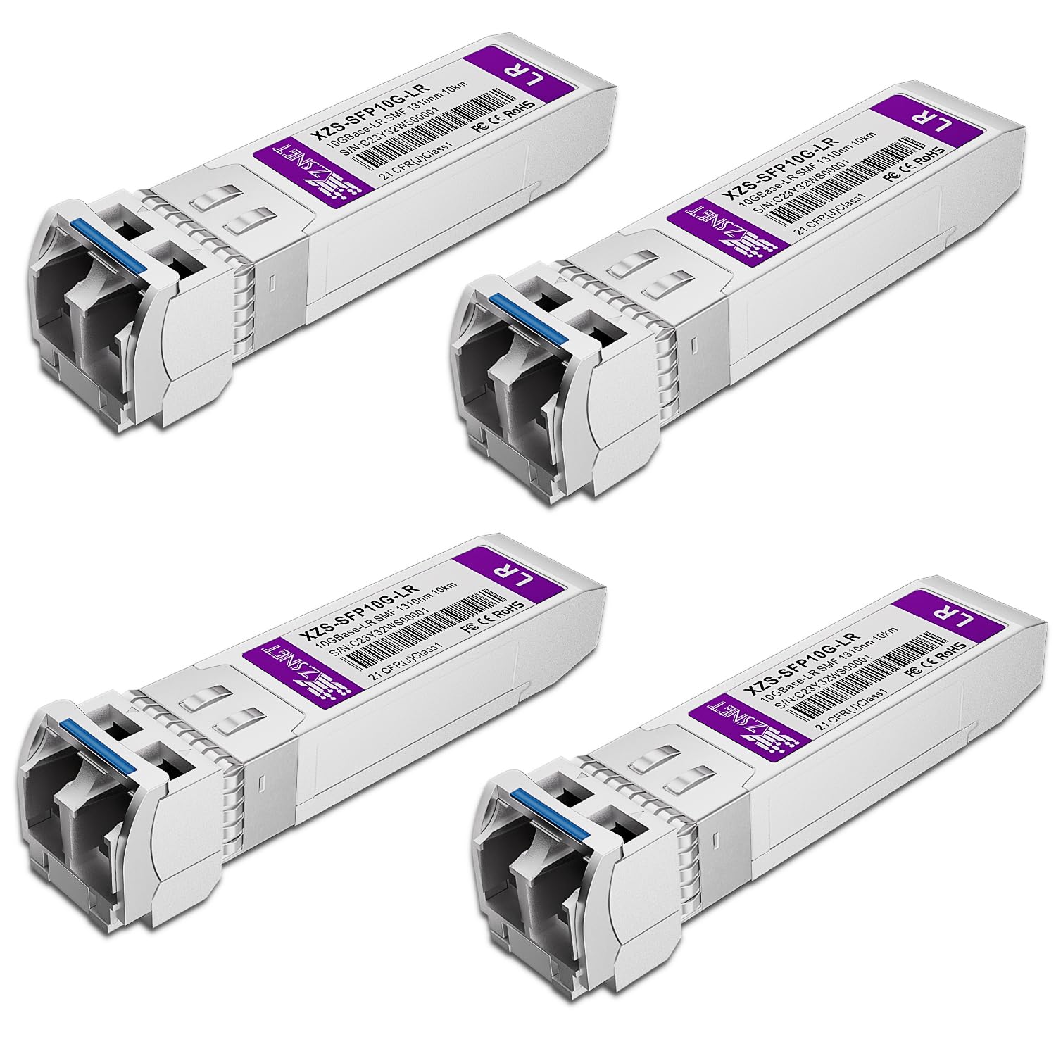 Lot de 4 émetteurs-récepteurs SFP+ 10GBASE-LR SFP+, module fibre monomode 10 G SFP+ vers LC compatible avec Cisco SFP-10G-LR, Ubiquiti UniFi UF-SM-10G, Mikrotik S+31DLC10D, Meraki, Netgear, D-Link et | Mode unique SFP+