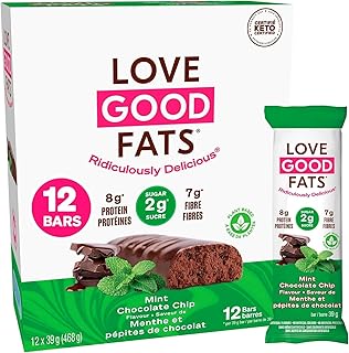 Love Good Fats Keto Protein Snack Bars - Truffle Mint Chocolate Chip - 10g Good Fats, 8g Protein, 2g Sugar, 5g Net Carbs, Gluten-Free, 12 Pack