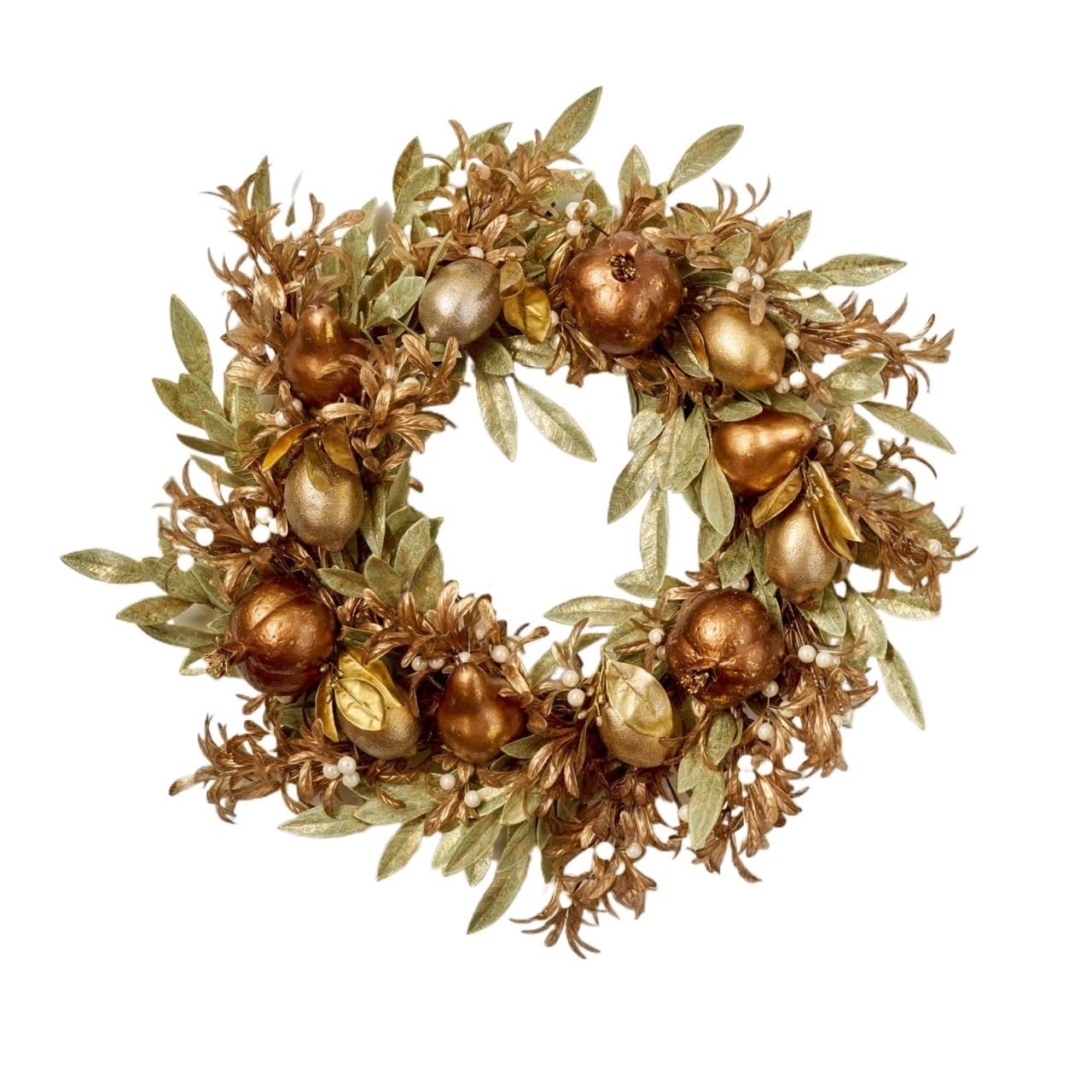 Corona navideña de muérdago Perlado con Hojas de Laurel Doradas. Lujosa y Festiva. Ideal para decoración del hogar y Fiestas.