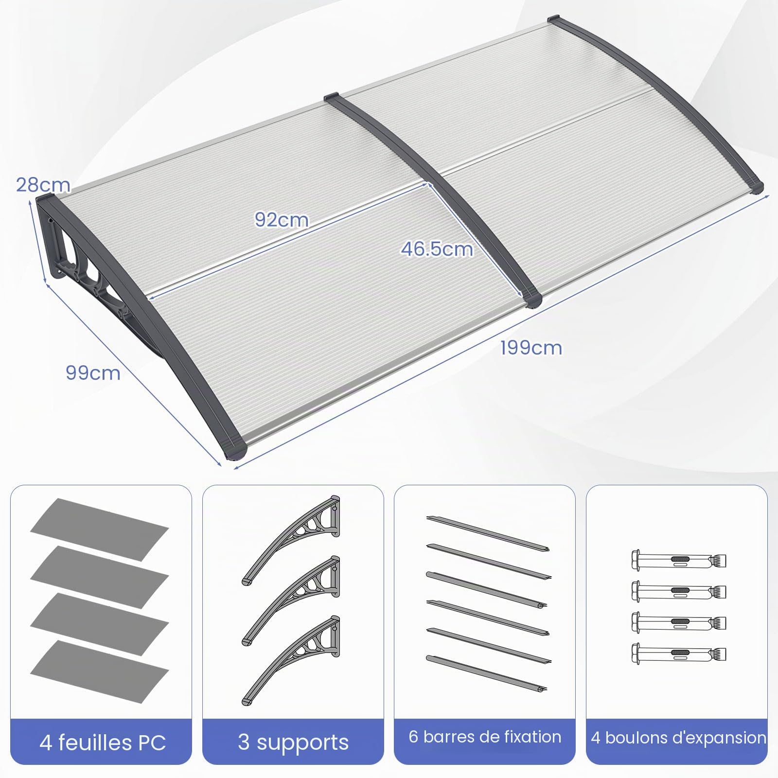 RELAX4LIFE Marquise de Porte Exterieur 200x100 CM, Auvent Porte d’Entrée en Polycarbonate, Protection Contre Pluie et UV, Auvent Marquise Aluminium pour Terrasse (200 x 100 cm,PC Transparent/Gris)