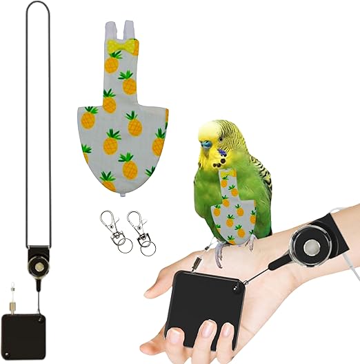 Bird Leash Harness and Diaper Set, Mini Bird Leashes, Birds Adjustable Outdoor Flying Training and Diapers, Chick Diapers, Flight Suit Accessories for Budgie Conure Parakeet Cockatiel (Pineapple, S)