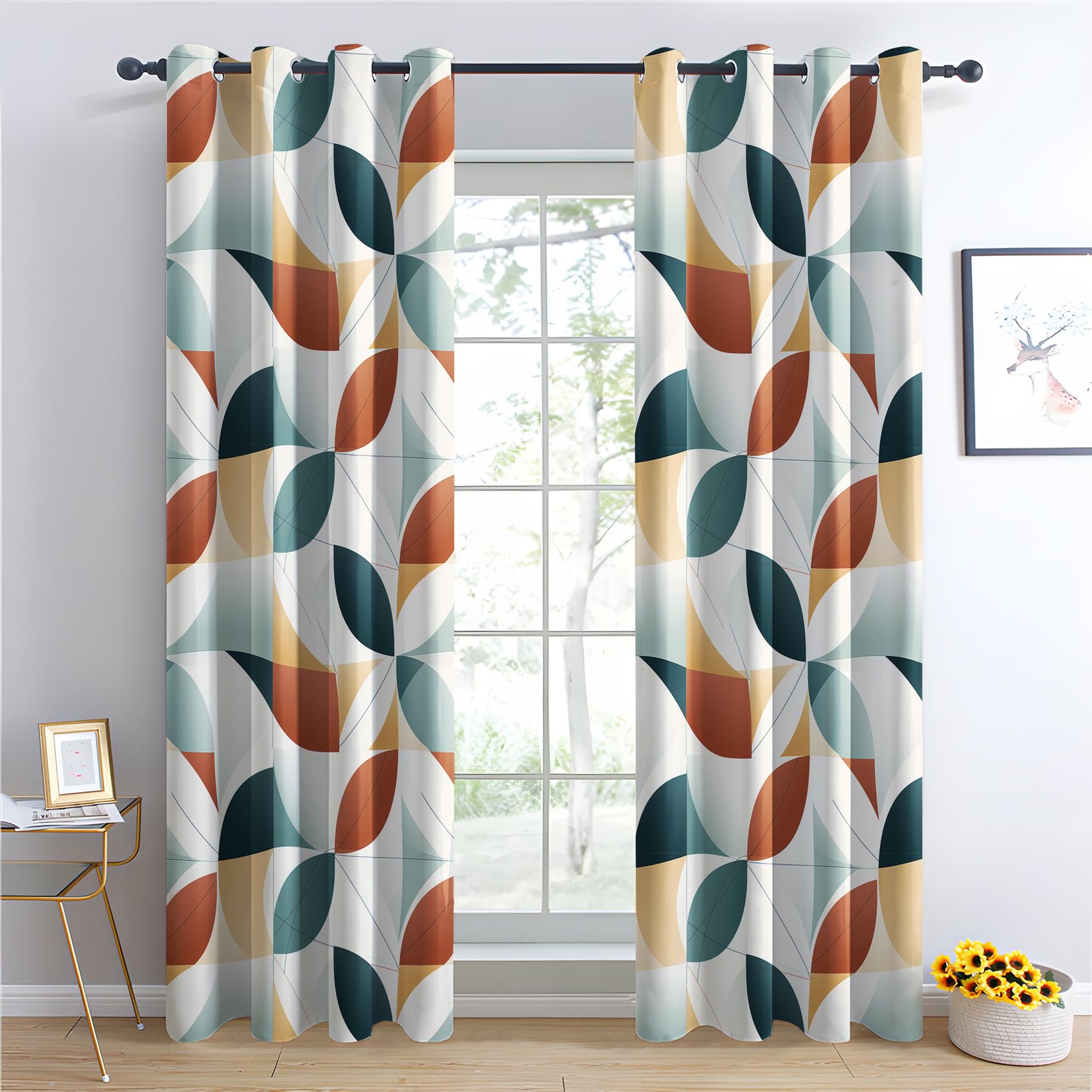 Rideau Occultant Patchwork Géométrique, Rideaux Thermiques à Oeillets pour Chambre, Motif Moderne Rideaux Salon, Moderne Lot de 2 Décoration de Fenêtre, Rideaux 140x240cm LxH(Km-&350)