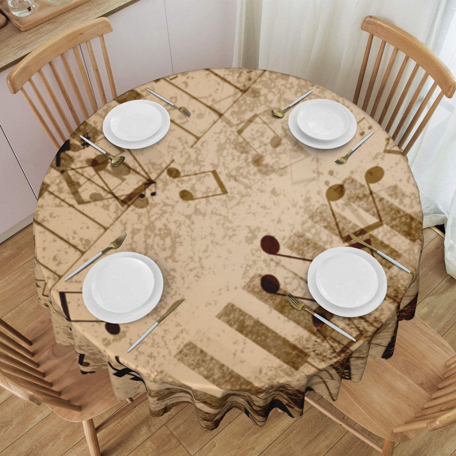DCEHGEW 60 In Round Tablecloth with Lace, Music Note Printed Oilproof & Washable Fabric Picnic Table Cloth Table Covers
