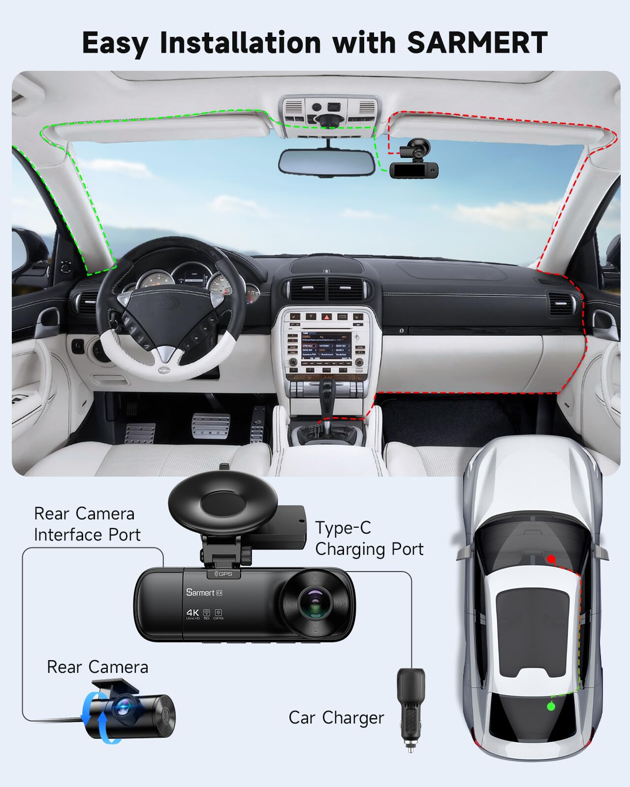 3-kanałowa kamera samochodowa SARMERT 4K kamera samochodowa z przodu wewnątrz i z tyłu z bezpłatną kartą 64 GB, kamera samochodowa 4K+1080P + 1080P, czujnik G, WDR, aplikacja, 5G WiFi, noktowizor