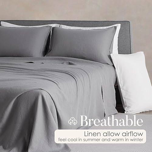 Miniatura 9 de DAPU Pure Linen - Juego de sábanas de 100% lino francés de Normandía, transpirables y duraderas para personas que duermen con calor, juego de 4