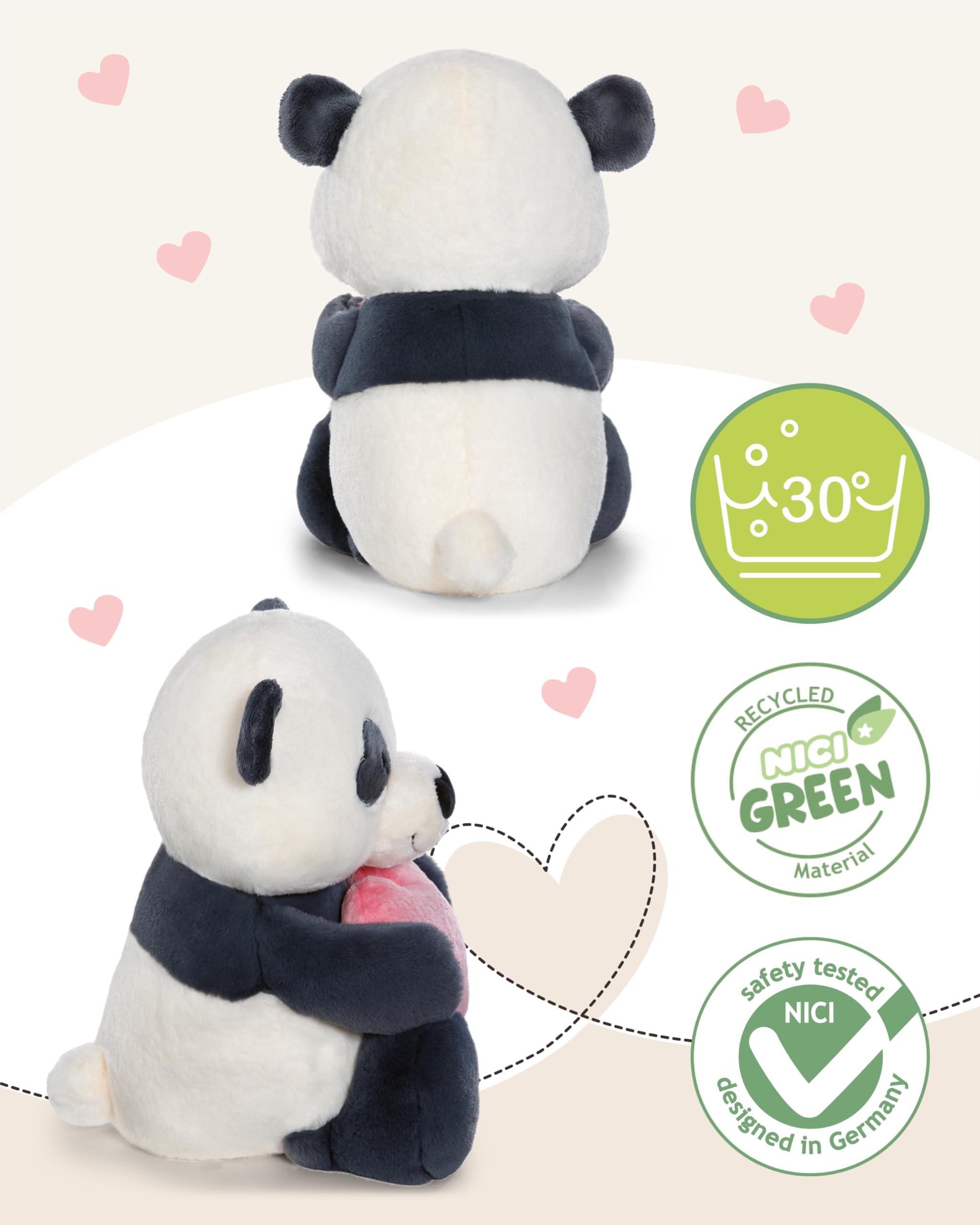 NICI Panda z sercem, miękki pluszak, urocza maskotka do przytulania i zabawy, świetny pomysł na prezent dla dzieci i dorosłych, 25 cm, czarna – 62609