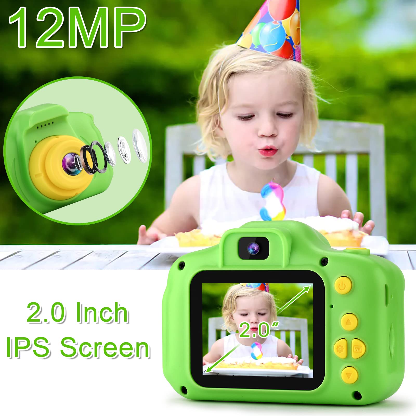 Cámara digital para niños de , nueva versión de 2021 con pantalla IPS de 2 pulgadas, videocámara HD de 39.4 pies, juguetes de regalo de cumpleaños para niños y niñas de 3, 4, 5, 6, 7 y 8 con micro tarjeta de memoria de 32 GB 4
